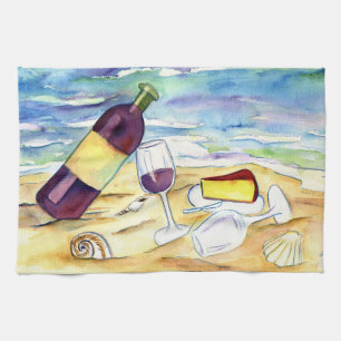 Vins et fromage à la plage Art Kitchen Serviettes