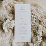 Vins intemporels Mariage Crest Menu et Merci<br><div class="desc">Elégant botanique orné vintage monogramme mariage crête en bleu poussiéreux, menu et carte de remerciements. Caractéristiques, typographie moderne bleu poussiéreux avec menu à l'avant et message de remerciement à l'arrière.</div>