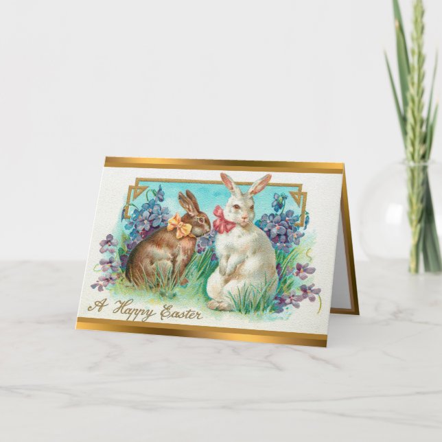 Vintage 2 lapins OEufs de Pâques Cartes pliées (Devant)