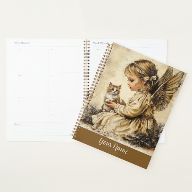 Vintage Angel + Cat Planner Personalize Your Name (Devant avec enveloppe)