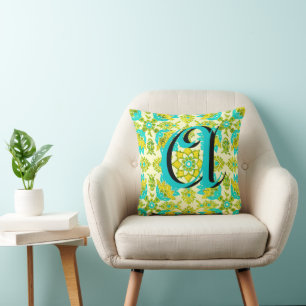 Vintage Aqua Yellow Lime Floral Monogramme Coussin