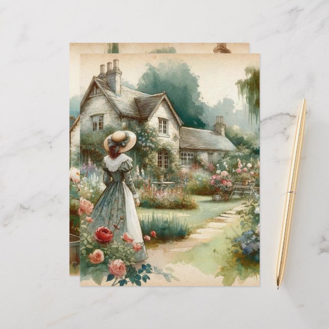 Vintage aquarelle Pays Jardin Papier à gratter (Devant/Arrière en situation)
