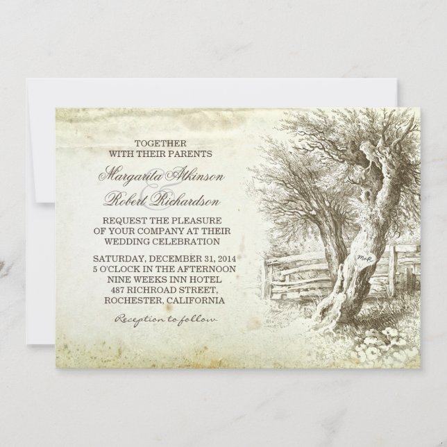 vintage arbre rustique vieilles invitations de mar (Devant)