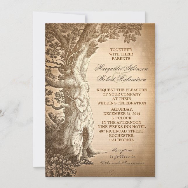 vintage arbre vieilles invitations de mariage rust (Devant)