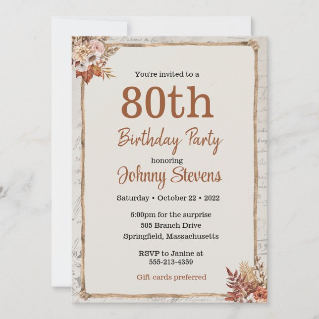 Vintage Automne Anniversaire Fête Invitation (Devant)