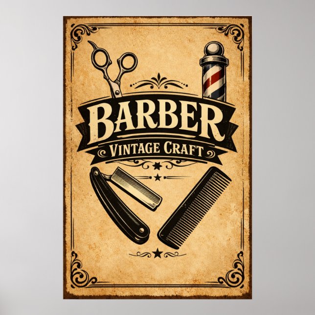 Vintage Barber Poster - Retro Haircut Tools Print (Devant)