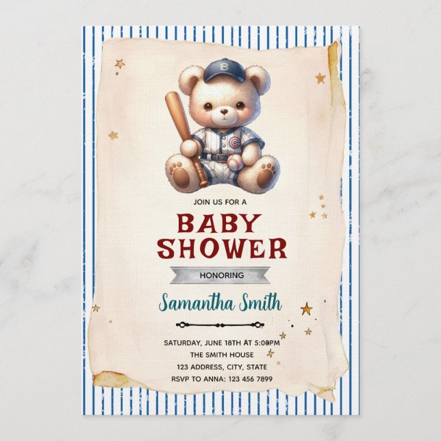 Vintage Baseball Bear Baby Shower Invitation (Devant)