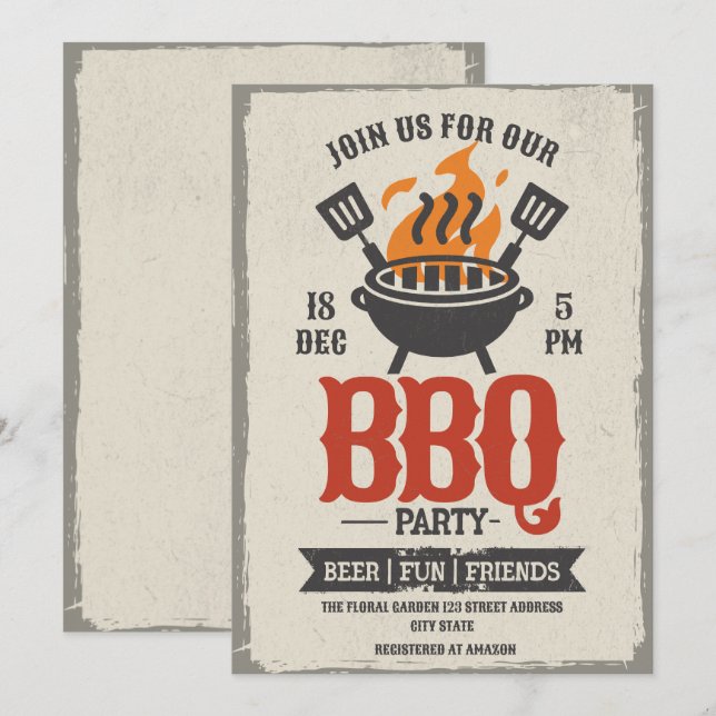 Vintage BBQ Party Grill Master Invitation (Devant / Derrière)