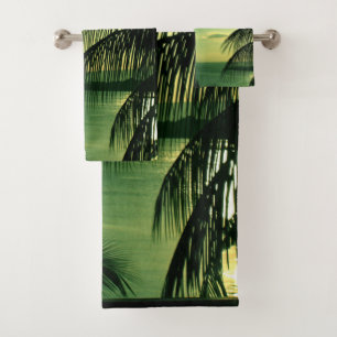 Vintage Beach Sunset Green-Blue Sky Palmes noires