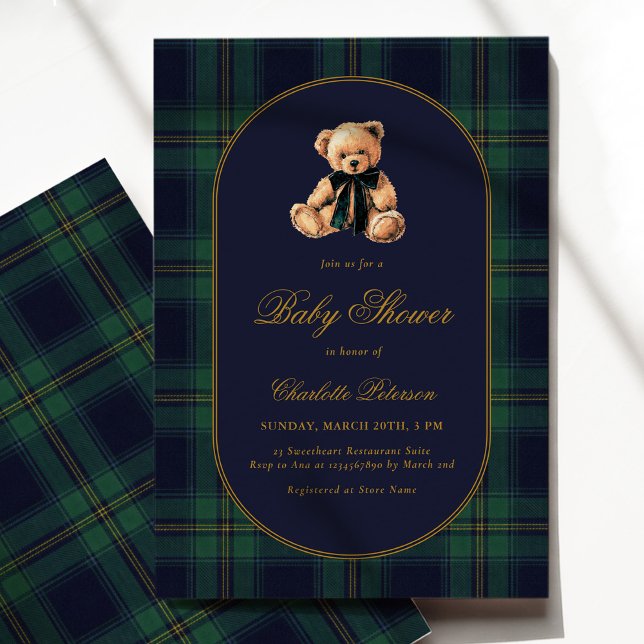 Vintage Bear Plaid Baby Shower Invitation (Créateur téléchargé)