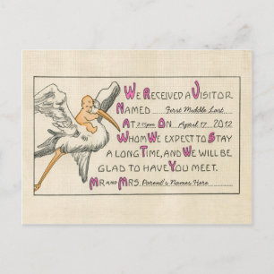 Vintage bébé fille & Stork Faire-part de naissance