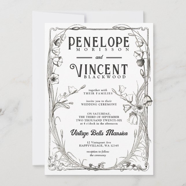 Vintage Bell Flowers on White Wedding Invitation  (Devant)