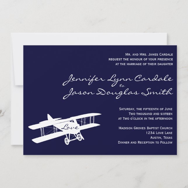 Vintage Biplane Aviator Blue Wedding Invitations (Devant)