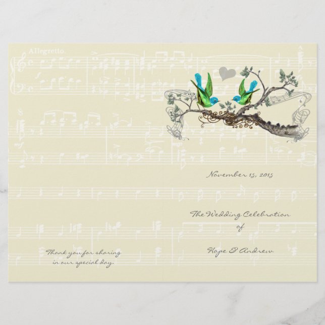 Vintage Birds Blue & Green Wedding Programme (Devant)
