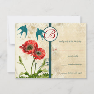 Vintage Birds Damask Poppy Faire-part de mariage
