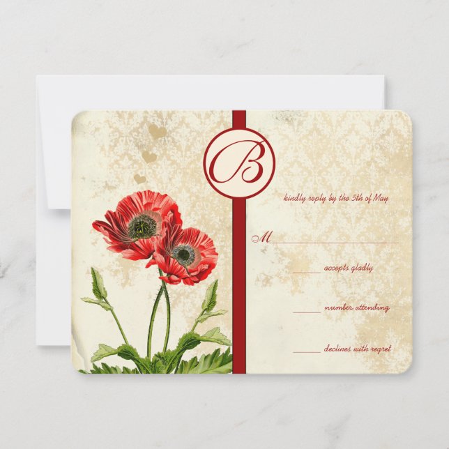 Vintage Birds Damask Poppy Mariage RSVP (Devant)