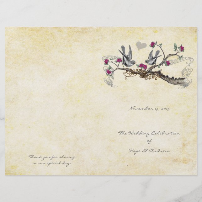 Vintage Birds Fuchsia & Grey Wedding Program (Devant)