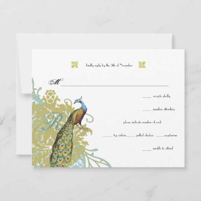 Vintage Birds Lagoon Endive Mariage damassé RSVP (Devant)