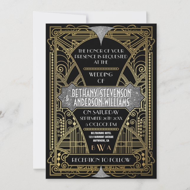 Vintage Black Argent Art Déco Invitations de maria (Devant)