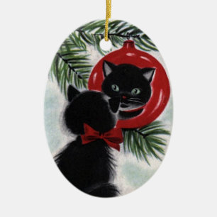 Vintage Black Cat en céramique ornement de Noël