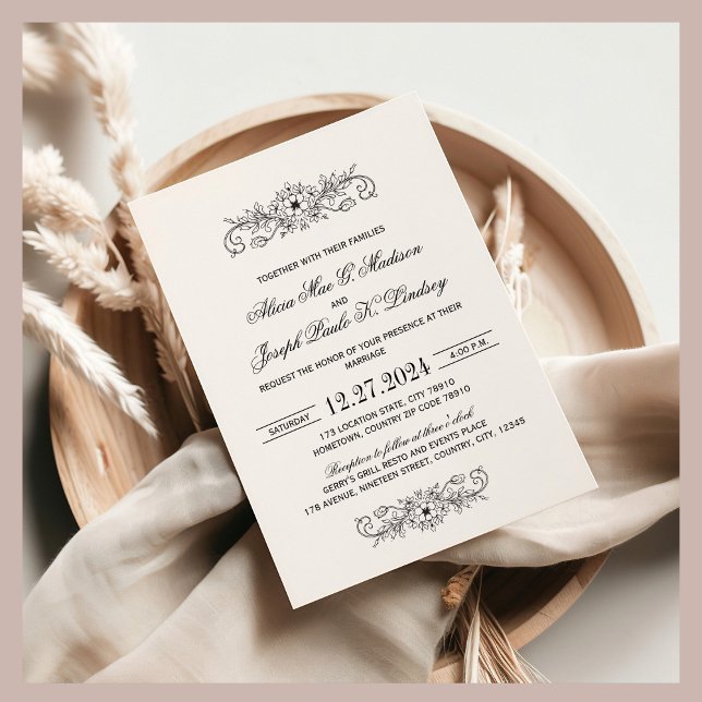 Vintage Black Flourish Elégant Mariage Invitation (Elegant Modern Wedding Invitation 5x7)