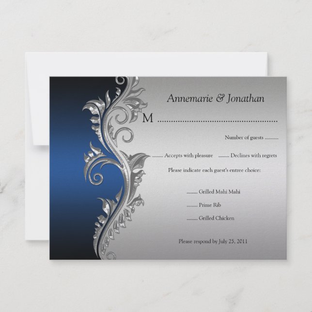 Vintage Bleu noir et argent Floral RSVP (Devant)