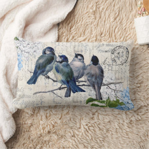 Vintage Blue Birds Fleurs Lumbar italien Coussin