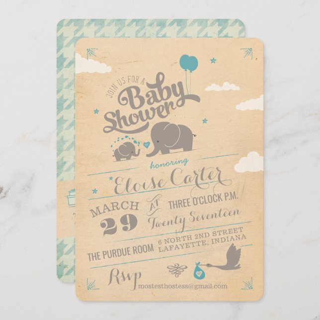 Vintage Blue Elephant Baby Shower Invitations (Devant / Derrière)