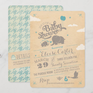 Vintage Blue Elephant Baby Shower Invitations