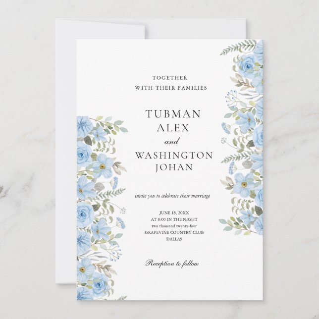 Vintage Blue Floral Faire-part de mariage (Devant)