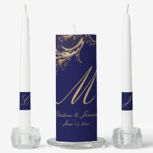 Vintage Blue Gold Floral Damask Monogram Mariage