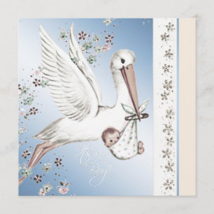 Vintage Blue Stork Baby Boy Shower Invitations
