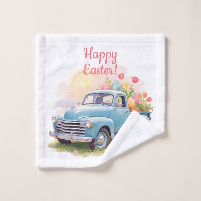 Vintage Blue Truck with Easter Eggs & Tulips (Gant de toilette)