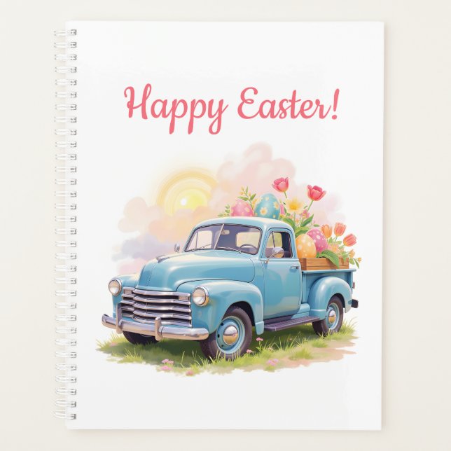 Vintage Blue Truck with Easter Eggs & Tulips (Devant)