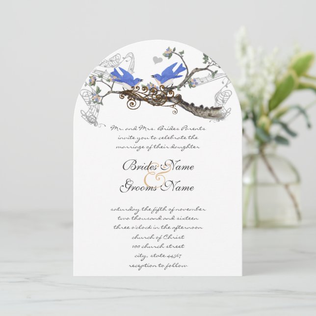 Vintage Bluebirds Chirping Mariage Invitations (Debout devant)