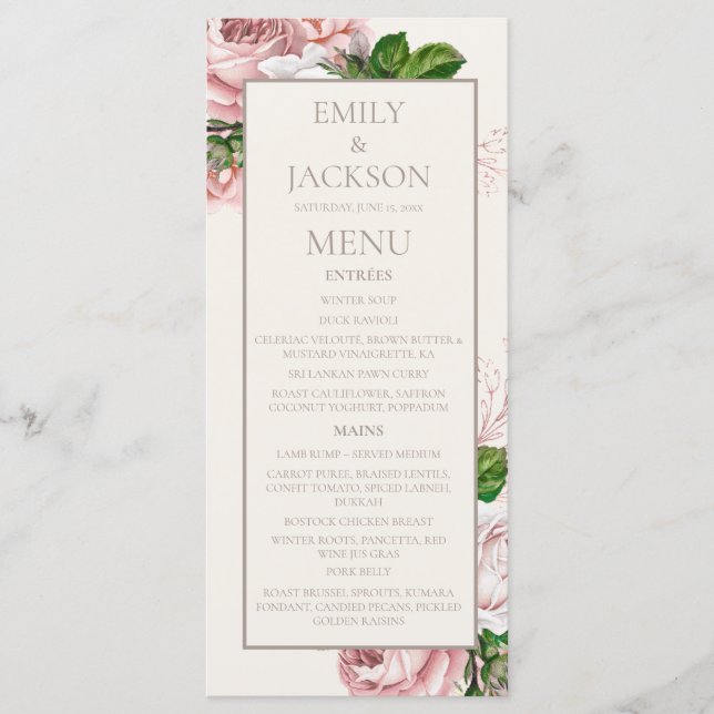 Vintage Blush Pink Cream Floral Mariage Menu (Devant)