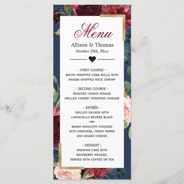 Vintage Bourgogne Blue Floral Mariage Menu (Devant)