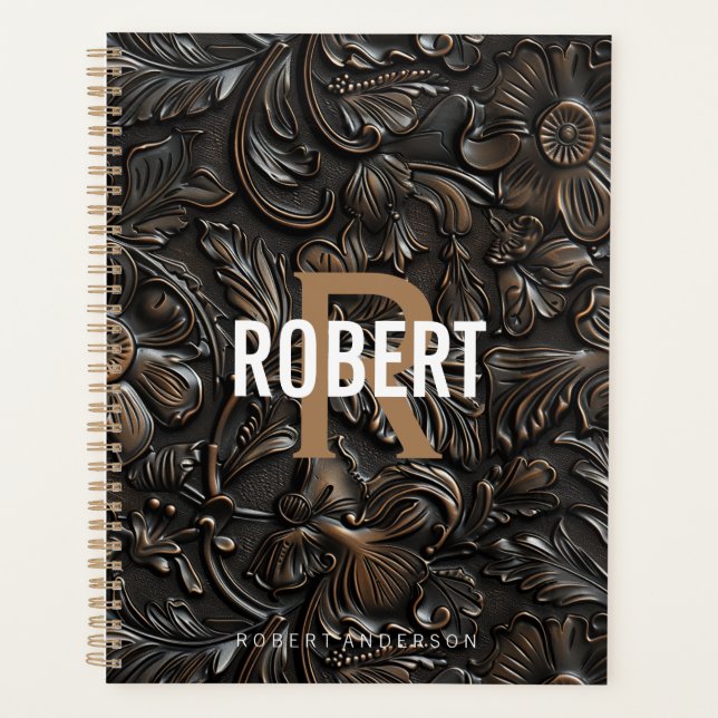 Vintage brun foncé nom monogramme en cuir (Devant)