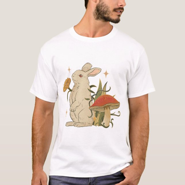 Vintage Bunny & Mushroom Artwork T-Shirt (Devant)