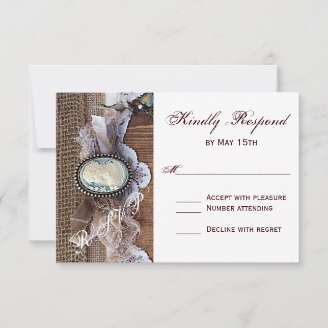 Vintage Cameo Key Burlap Wood Wedding Carte RSVP (Devant)