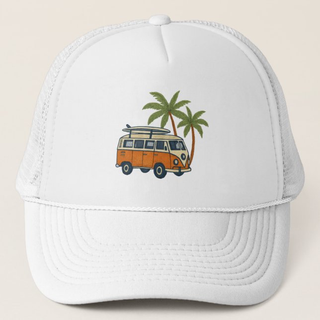 Vintage Camper Van & Palm Trees Surf Casquette (Devant)