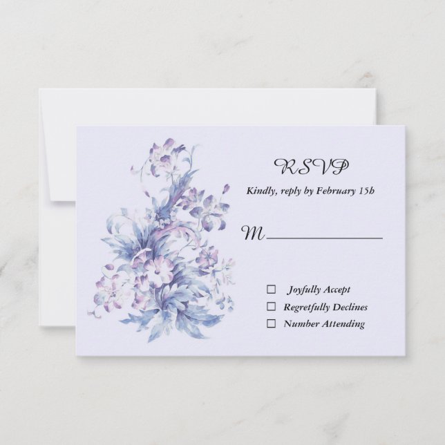 Vintage. Carte RSVP fleurs bleues et lilas (Devant)