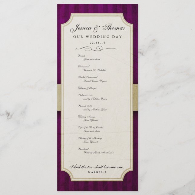 Vintage Charm Ivory & Eggplant Wedding Programme (Devant)