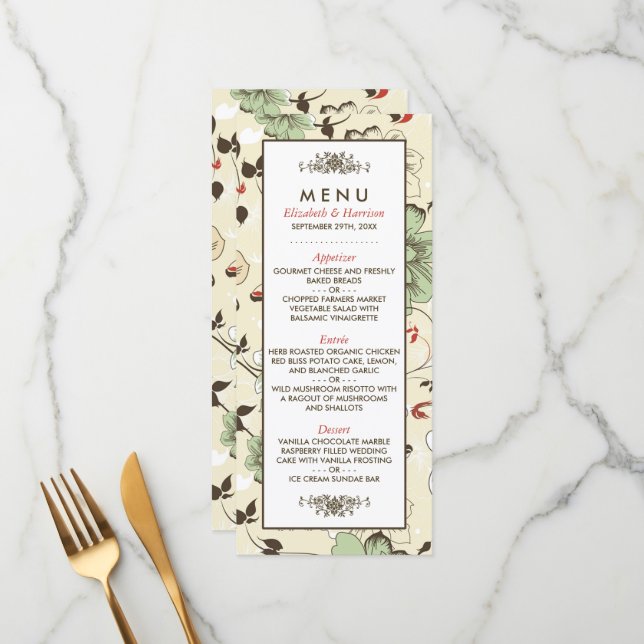Vintage Chic Floral Mariage Menu (Devant/Arrière en situation)