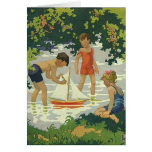 Vintage Children Playing Toy Sailboats Summer Pond