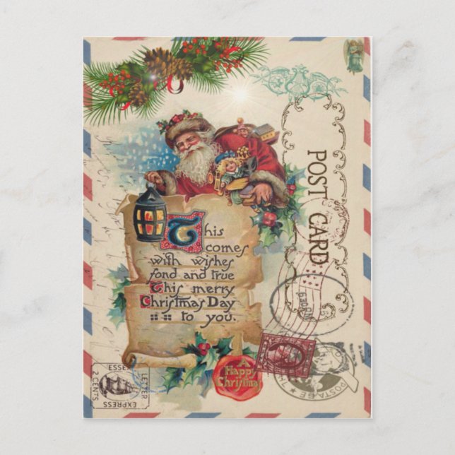 Vintage Christmas Airmail Carte postale Santa Clau (Devant)