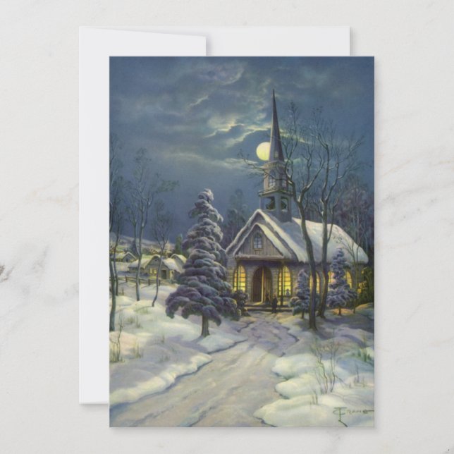 Vintage Christmas Church in Snow Moon Invitation (Devant)