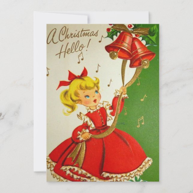 Vintage Christmas Girl Ring Bell Carte de vacances (Devant)