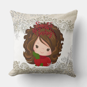 Vintage Christmas Girl Snowflake Coussin dentelle