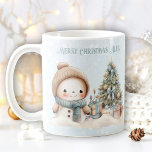 Vintage Christmas Snowman Nom Texte Bleu Snowy Mug<br><div class="desc">Tasse mignonne avec un charmant bonhomme de neige vintage avec sapin de Noël sur l'arrière - plan neigeux bleu et votre propre texte - Kate Eden Art</div>